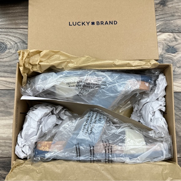 NIB Lucky Brand Paimee Double Two Strap Slide Sandal Stucco/Acid Denim 8M - Picture 11 of 12